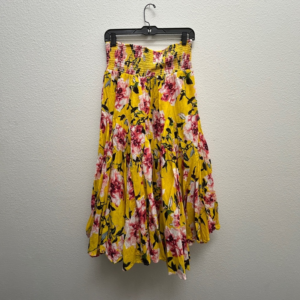 Yellow Floral Midi Skirt with Smocked Waist